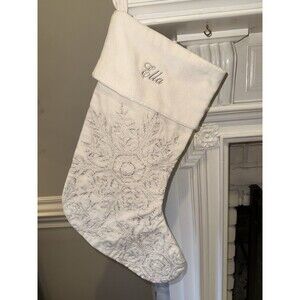 New! Pottery Barn ELLA Velvet Cotton Christmas Ivory Stocking Snowflake Silver
